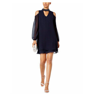Xscape Beaded Choker Neck Cold Shoulder Shift Dress In Deep Navy Size 12 $241